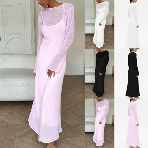 HGps8w Womens Knit 2 Piece Outfits Sexy Crochet Coverups Maxi Dress with Spaghetti Strap Beach Cami Dress Swimwear Sets2