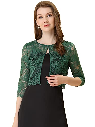 Allegra K Women's Elegant Sheer Floral Lace Shrug Top Cropped Bolero Cardigan Medium Dark Green #TOP26