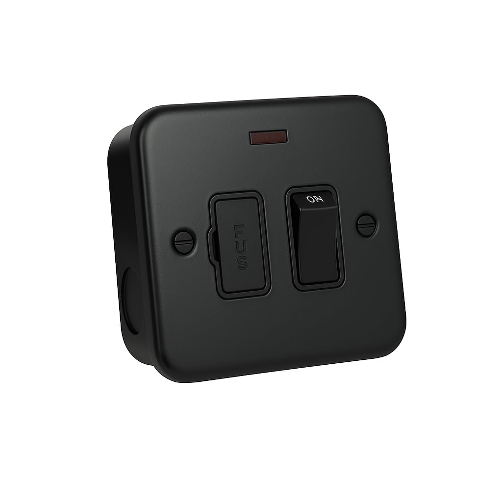 Matt Black Metal Clad Socket & Switch Range – Modern Industrial Finish | Durable, Stylish, Ideal for Home & Commercial Use (13A Fuse Spur with Neon) — image 1