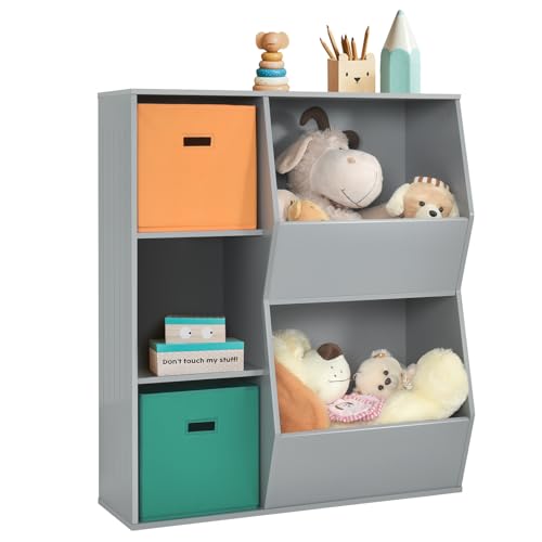 IFANNY Toy Storage Organizer with Bins, 5 Cube Kids Bookshelf w/Anti-Toppling Devices, Wood Toy Storage Shelf, Kids’ Bookcases, Cabinets & Shelves, Book Shelf for Classroom, Playroom, Nursery (Gray)