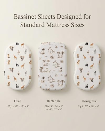 Image of Bassinet Sheets for Baby Girls Boys 2 Pack, Fitted Baby Mattress Sheet for Rectangle, Oval, Hourglass Bassinet Mattress, Breathable Cozy & Universal Fit (Safari Dreams, Bassinet Sheet)
