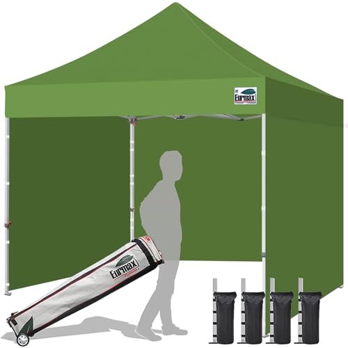 Image of Eurmax USA 10x10 Pop Up Canopy Tent,Commercial Tent with Patented No-Tip Rolling Bag,4 Zippered Removable Walls,UV & Water Resistant Canopy Top,Heavy Duty Outdoor Gazebo,Instant Shelter(Field Green)