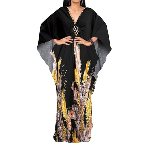 Bsubseach Women Ethnic Print Kaftan Beach Dress Plus Size Swimsuit Cover Up Black Feather