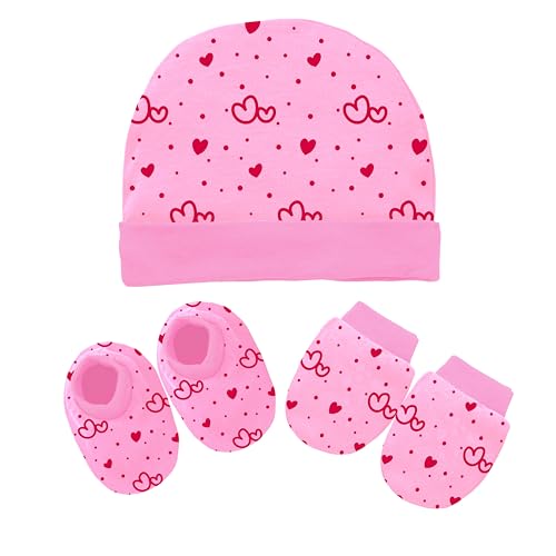 Image of Kidbee Baby Cotton Booties Mittens and Caps Combo for New Born Babies (0-6 Months)