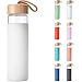 Yomious 20 Oz Borosilicate Glass Water Bottle with Bamboo Lid and Silicone Sleeve - BPA Free (White)