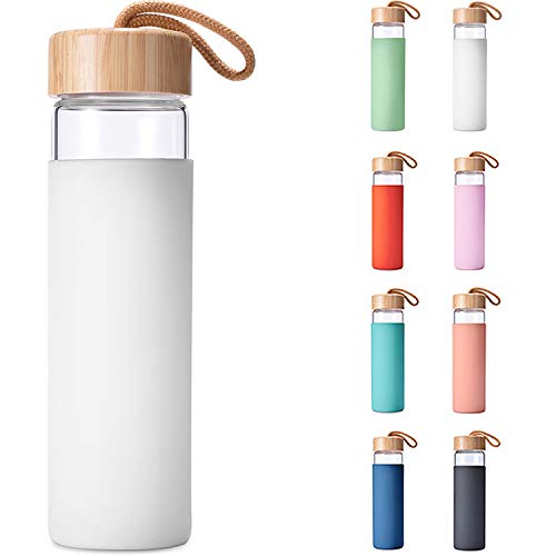 Product Image of the Yomious 20 Oz Borosilicate Glass Water Bottles with Silicone Sleeve BPA Free, Dishwasher Safe - Reusable Clear Glass Drinking with Leak Proof Bamboo Lid | Perfect Gym Water Bottles for Men & Women