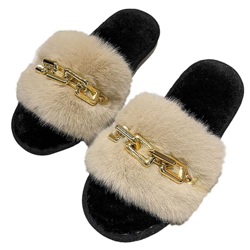 Shiny Chain Decor Plush Fuzzy Slippers for Women Fashion Open-Toe Warm Cozy Fluffy Indoor House Slippers - Main Image