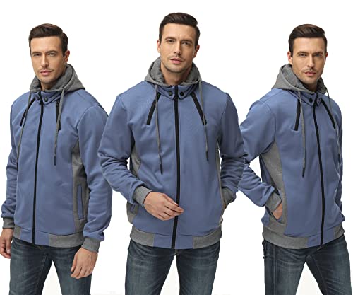 Image of YuKaiChen Men's Hooded Jacket Slim Fit Double Zipper Turtleneck Fleece Hoodie Outerwear