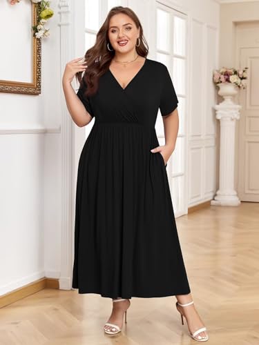 Image of BELAROI Womens Plus Size Maxi Dress Summer Wrap V Neck Flowy Long Sundress Beach Dresses with Pockets