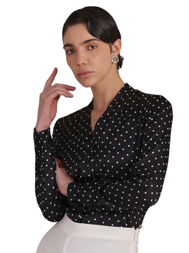 Image of FableStreet Women Formal Shirt | Relaxed Fit V-Neck Polka Dot Pattern with Pleated Detailing | Satin Fabric for Business Casual