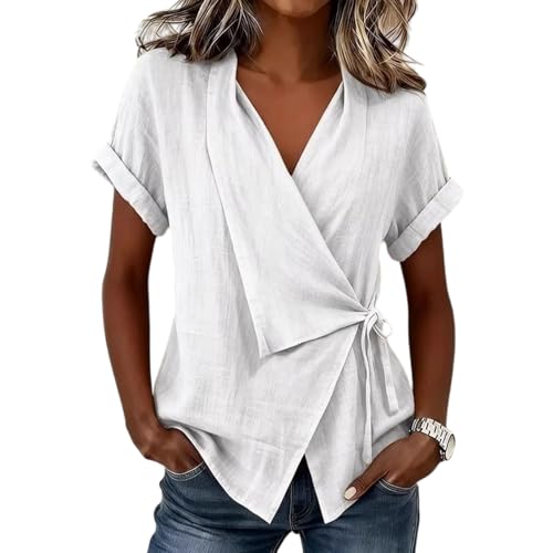 Haut col en V femme fluide cache-ventre t-shirt manches courtes coupe ample