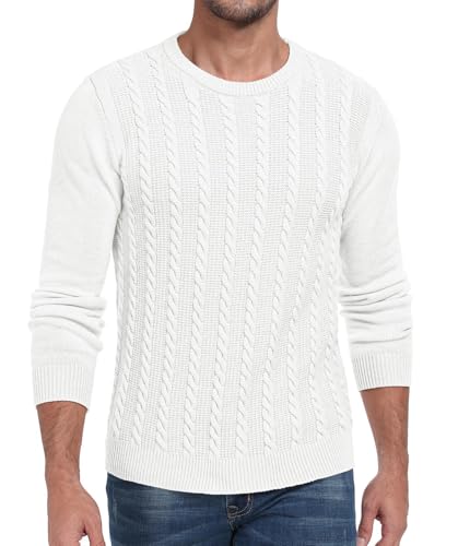 Hisir Herren Strickpullover Kabel Stricken Dicken Rundhalsausschnitt Weben Pullover Winter Warm Langarm Pullover für Herren (Weiß L)