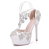 SHUONING Damen Brautschuhe, 14CM Weiß Strass Braut Brautschuhe Dünne Absätze Runde Zehe Plateau Pumps Kristall Quaste Hochzeitsschuhe High Heels Schuhe,Weiß,36EU