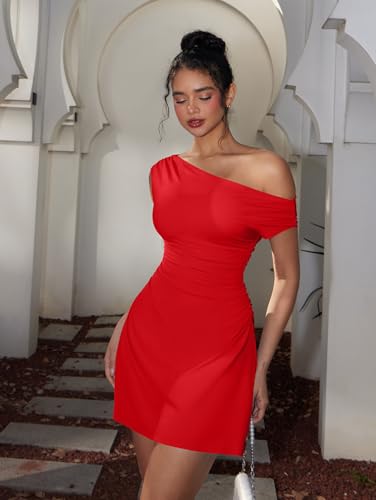 Image of LAGSHIAN Womens Off Shoulder Sleeveless Ruched Flare Mini Dress | Sexy,Summer,Slim Fit,Stretch,Trendy,Double Layer,A-line,Cocktail Party,Club,Night Out,Date,Asymmetrical Shoulder