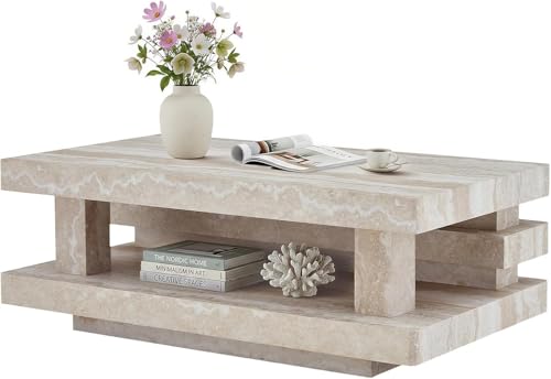 LKTART 43.3 Coffee Table 2-Tier Stone Travertine Pattern Center Table with Open Storage Mid Century Rectangular Wood Tea Table for Living Room Bedroom Office