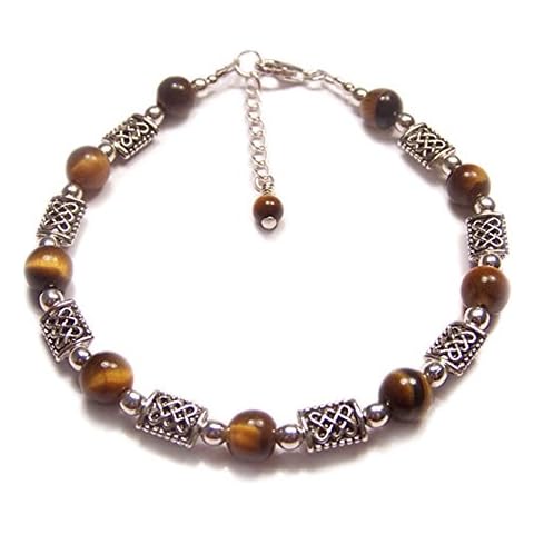 LunarraStar Women 925 Sterling Silver Round Tiger's Eye Celtic Knotwork Gemstone Bracelet Brown Adjustable 1" Extension Cover