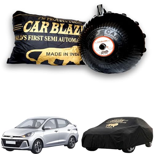 Image of CARBLAZER Portable & Semi-Automatic Full Body Car Covers: Heavy Duty Device| Anti-Theft| Dust & Scratch Proof | Water & Wind Resistant|Custom Fit| Dual-Side Cover, Compatible for Hyundai Aura