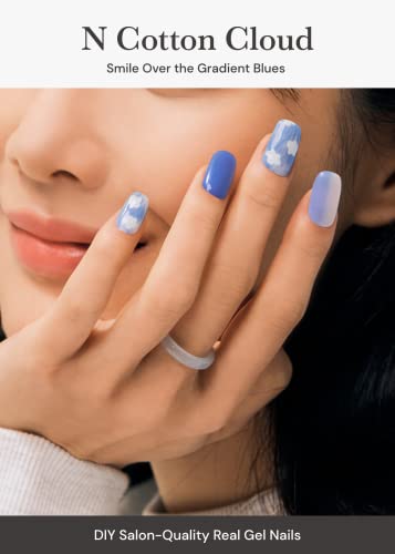 Image of ohora Semi Cured Gel Nail Strips (N Cotton Cloud) - Blue, Patterned, Works with UV /LED Lamps, Salon-Quality, Long Lasting, Easy to Apply & Remove - Includes 2 Prep Pads, Nail File & Wooden Stick