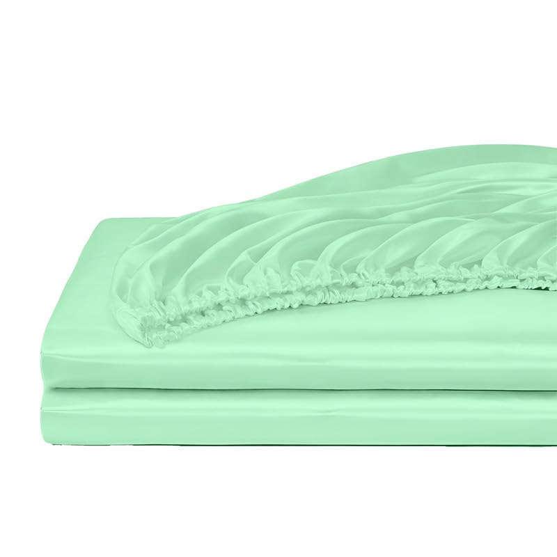 Image of Filbert - Premium Satin Fitted Bedsheet King Size (72x78 Inch) with 2 Pillow Covers | Hypoallergenic Breathable | Hair and Skin Friendly, Women Gift Choice|Aqua Green