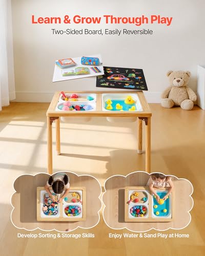 Image of VEVOR Sensory Table for Toddlers, Foldable Wooden Kids Activity Table with Double-Sided Board, Storage Bins, and Non-Slip Feet, for Boys and Girls Playing Sand and Water, Drawing, Studying, Dining