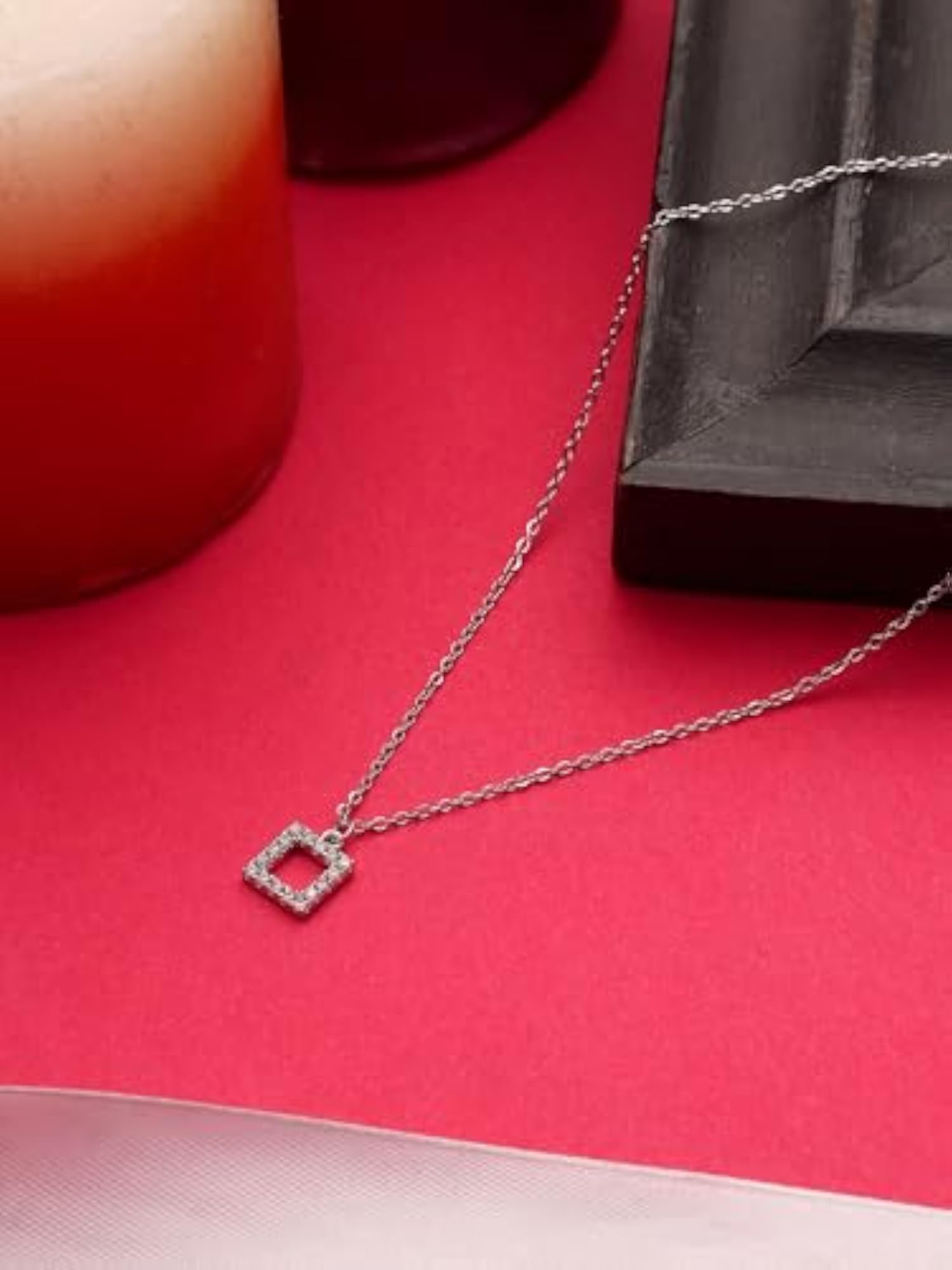 Stone-Studded Square-Charm Pendant with Chain