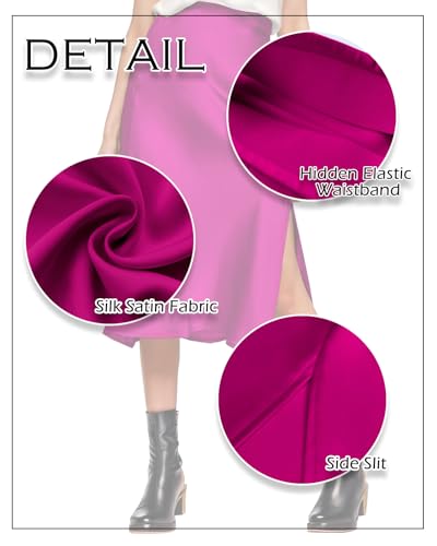 Image of Amy Babe Womens Satin Silk High Waist Slit Midi Skirt Long Skirts for Women | Elastic Waistband, Side Split, Midi Length, Below the Knee, Silky Fabric, Elegant, Fall Winter Outfits