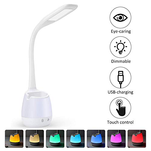 Preisvergleich Produktbild LED Nachttischlampe Dimmbar Stifthalter Schreibtischlampe mit Schwanenhals, Kinder Tischleuchte mit Touchfeld Augenschutz Leselampe für Farblicht und 3 Helligkeitsstufe, USB-Anschluss Aufladen