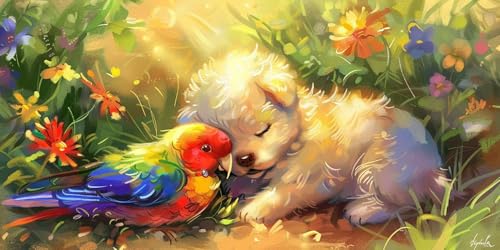 Diamond painting chien et perroquet 5D | Kit broderie diamant 35x70 cm