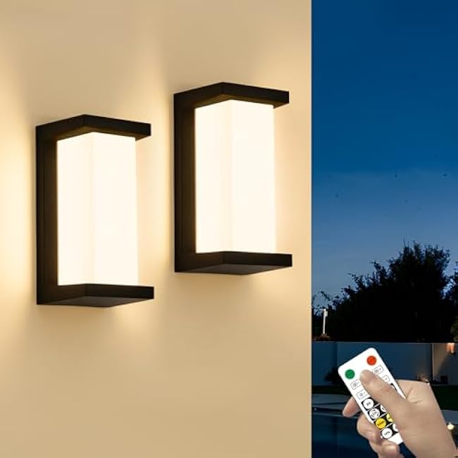 2 Pack Remote Control Outdoor Wall Lamp Porch Lights,3 Color Modern Exterior Lighting Fixtures,Outdoor Waterproof for Front Porch Light,LED Wall Mount Outside Lights for House,Garage,Yard