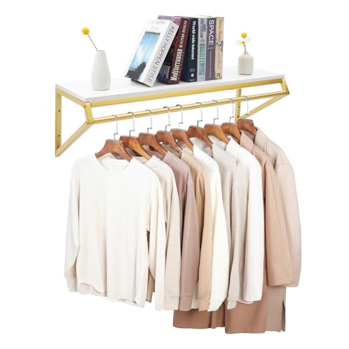 Clothes Rack with Top Shelf, Modern Simple Clothing Store Heavy Duty Metal and Wood Display Stand Wall-Mounted Garment Rack, Clothes Rail, Bathroom Hanging Towel Rack