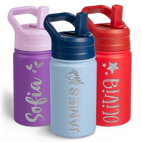 Personalized Kids Water Bottle with Name & Icon - Custom Kids Water Bottle, 12 oz with Leakproof Straw Lid - Back to School, Christmas & Birthday Gift for Boys & Girls, Sky Blue