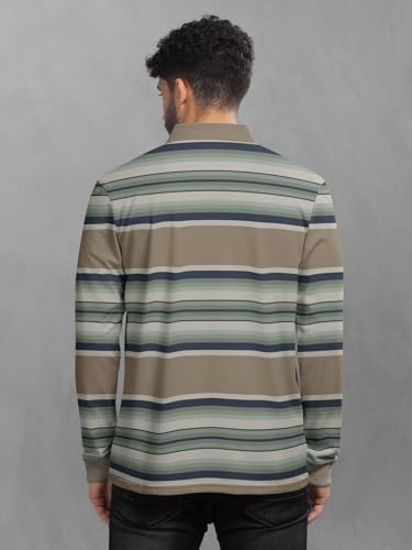 Image of BULLMER Striped Textured Printed Polo Neck Fullsleeve T-Shirt with Rib for Men