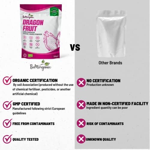 BeMorganic Organic Dragon Fruit Powder - 100% Pure Organic Dragon Fruit Powder| Multipurpose Pink Pitaya Powder | 100g Smoothie Powder with No Added Sugar or Gluten