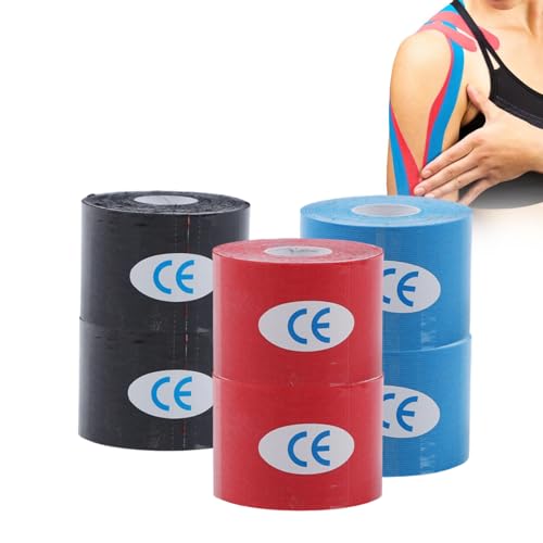 Wixovo 6 Rollos de Kinesiotape 5cm X 5m,Cinta KinesiolóGica, Venda Elastica Adhesiva para Articulaciones como Músculos, Rodillas, Hombros y Codos, Negro + Rojo + Azul Cielo