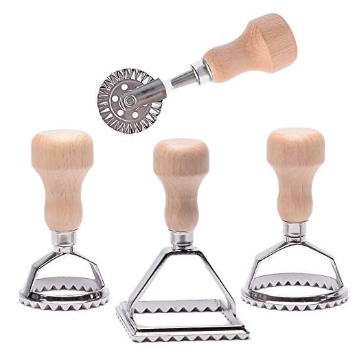 MASTER FENG Ravioli Stamp Set, Ravioli Maker Cutter Stamp, Mold with Wooden Handle and Fluted Edge (4 Set with Cutter)