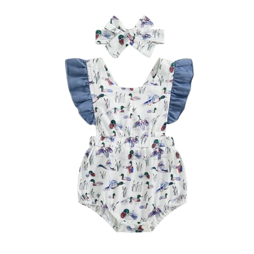 Image of Gaono Duck Hunting Baby Summer Clothes Newborn Girl Mallard Duck Sleeveless Ruffled Romper Bodysuit with Headband