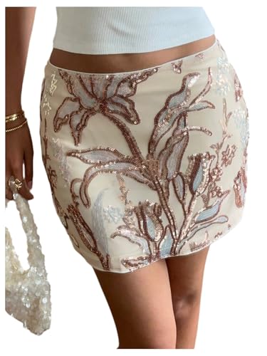 MakeMeChic Women's Floral Sequin Mini Skirt Bodycon Glitter Summer Y2K Party Short Skirts