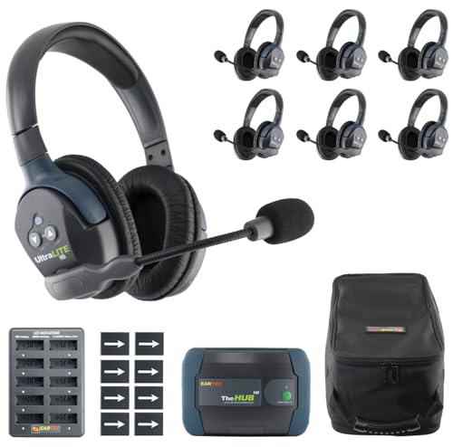 EARTEC HUB7D Ultralite-HD 7 Person Full Duplex Wireless Intercom Headset Communication System, Dual Ear Headsets, Up to 1000ft Range, U.S. Company