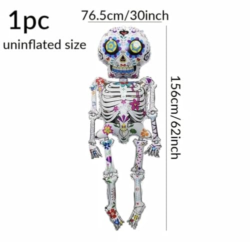 Image of AMFIN (Pack of 1) The Dead Skeleton Foil Balloon - 62 Inch Giant Halloween & Dia de los Muertos Decoration | Sugar Skull Balloon with Colorful Prints -Multicolour