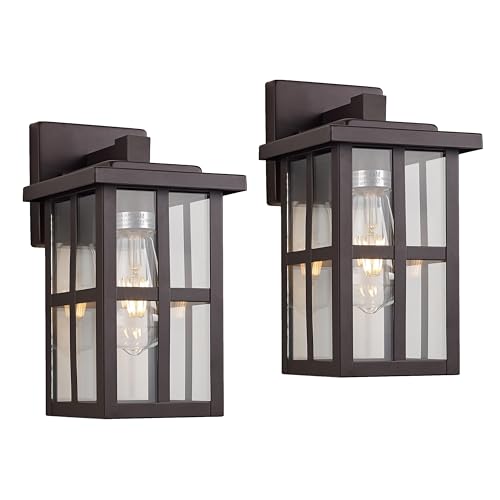 Image of MICSIU 2 Pack Bronze Outdoor Wall Light Fixtures, 11 inch Modern Farmhouse | No Assembly Required, Clear Glass, Anti-Rust, Front Porch Light For House Porch Garage
