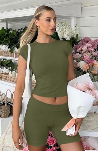 Image of AYWA Women's Two Piece Sets Summer Slim Fitted Short Sleeve Tops Foldover Shorts Matching Lounge Sets