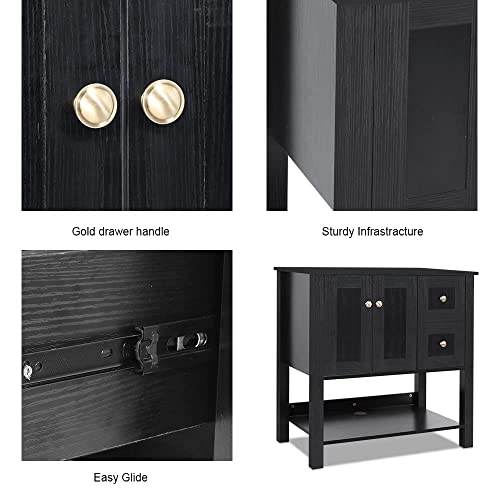 Eclife 32” Bathroom Vanity Sink Combo Black Cabinet Vanity Turquoise Square Tempered Glass Vessel Sink & 1.5 Gpm Water Save With Orb Faucet & Solid Brass Pop Up Drain (A10-V004) #TOP3