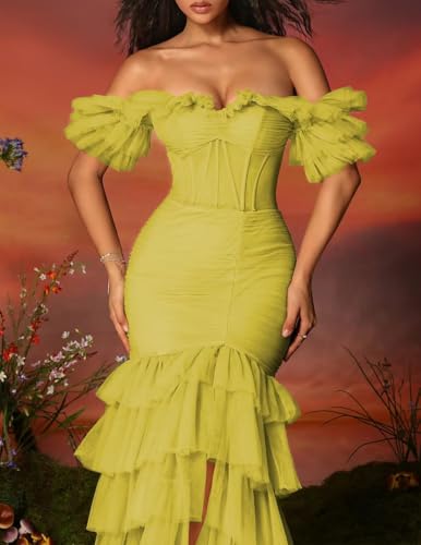 Off Shoulder Prom Dress for Women 2025 Tiered Tulle Mermaid Long Formal Party Gowns with Slit4