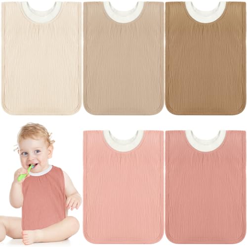 Image of Newwiee Large Muslin Pullover Baby Bibs Full Coverage Toddler Slip on Absorbent Bib Waterproof Toddler Towel Bibs(Cute Color, 5 Pcs)