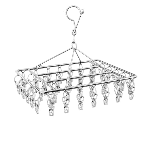 Stainless Steel Sock Drying Rack, Sock Hanger with 40 Pegs and Swivel Hook, Metal Underwear Hanger for Washing Line, Windproof Laundry Square Hanger for Socks, Underwear and Small Items