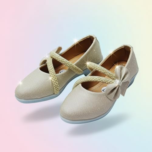Image of Girls' Patent Mary Jane Shoes with Floral Embellishment, Attractive Colour's, Pearl Flower Welcro Glittery Bellies