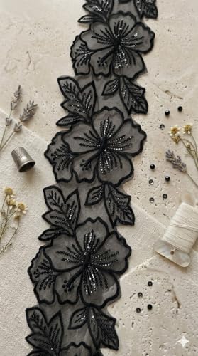 Image of Black Organza Floral Embroidered Lace Border with Sequin Work, Net Lace Trim for Saree, Blouse, Lehenga, Dress, 3 Meter
