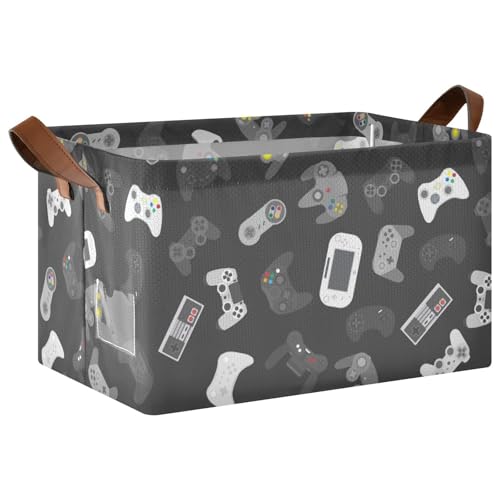 Ollabaky Collapsible Rectangular Closet Storage Bin Video Game Controller Shelf Basket Box with Leather Handles - Storage Cube, Nursery Storage, Laundry Hamper, Gift Baskets