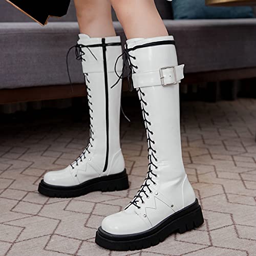 Trendenzy Womens Knee High Lace Up Combat Boots Chunky Mid Heel Motorcycle Riding Boots3
