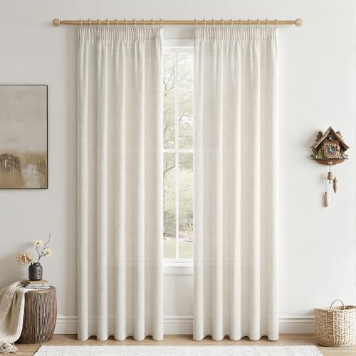 CUTEWIND Rideau Salon Lin Ivoire Rideau en Lin Rideaux Bonne Femme 140 x 225 cm (LxH), 2 Pièces, Rideaux à Galon Fronceur Tamisant Semi-Transparent pour...
